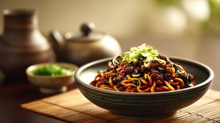 Jajangmyeon : Delicious bowl of noodles garnished with green onions and sauces. AI-generated.