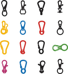 A versatile vector illustration set of colorful carabiner clips and keychains with various shapes, ideal for outdoor, security, and sports designs. Functional collection.