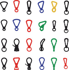 A versatile vector illustration set of colorful carabiner clips and keychains with various shapes, ideal for outdoor, security, and sports designs. Functional collection.