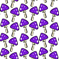 Hand-drawn seamless pattern featuring spooky purple mushrooms with white spots on a white background.