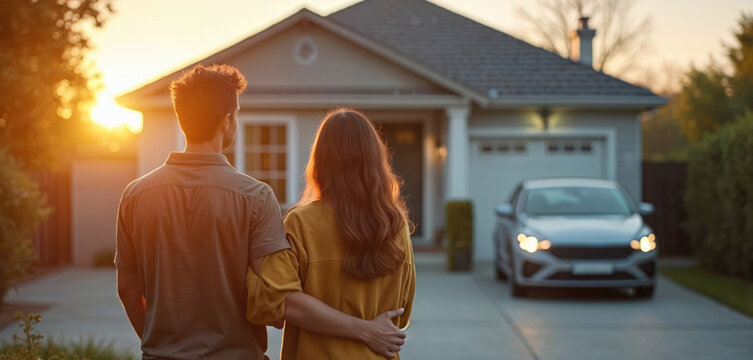 Happy couple stands outside new house at sunset. New homeowners hold key next to car. Residential family home, real estate purchase, relationship and urban lifestyle concept.
