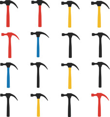 A comprehensive vector illustration set of claw hammers and various striking tools, ideal for construction, DIY, and handyman design projects. Essential toolkit.