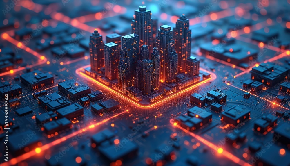 Poster illustration modern neon cityscape within microchip circuit board. digital city with futuristic infr