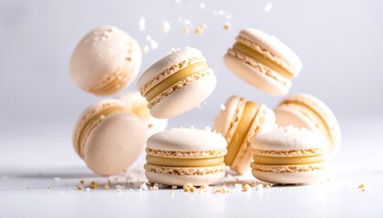Obraz premium Delicate pastel macarons in mid-air (1)