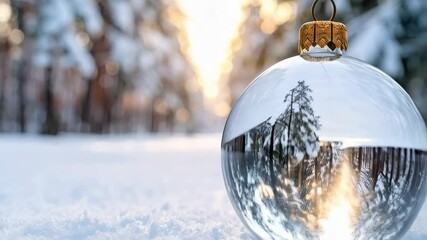 Glass Christmas ornament reflects winter forest scene resting on fresh snow under bright sunlight. - Powered by Adobe
