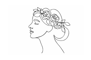 Serene woman profile continuous line art floral crown roses