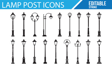 Collection of Street Lamp and Outdoor Lighting Icons for Urban Spaces

