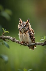 Obraz premium Cute owl perched on branch with green nature background. Bird with brown, white, black feathering, large yellow eyes. Wildlife scene showcases adorable raptor in forest habitat.