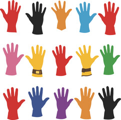 Fototapeta premium Vector illustration of diverse hand gloves in various vibrant colors and gestures, showcasing a wide range of uses from safety to fashion, isolated on white.