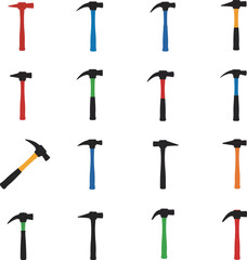 Vector illustration of colorful geological and bricklayer hammers, including a Leather Hammer, showcasing various designs ideal for construction, mining, and scientific research concepts.