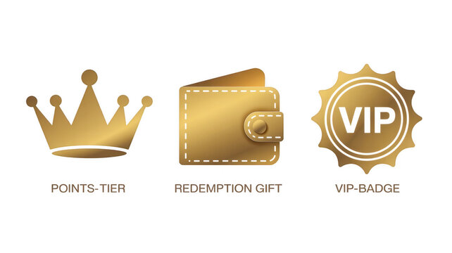 Golden crown, wallet, and vip badge on a transparent background symbolizing the benefits and rewards of a customer loyalty or membership program, offering exclusive perks and premium services
