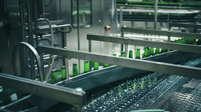 Green glass beer bottles moving along conveyor belt. Showcasing automated bottling process inside modern brewery production facility with stainless steel equipment and precise manufacturing workflow