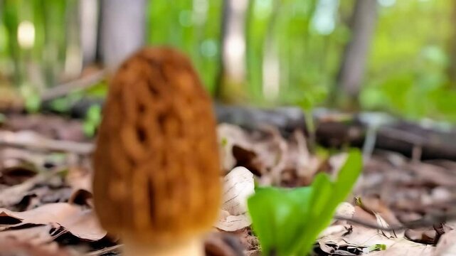 Single morel mushroom with pitted cap growing outdoors on forest floor in spring