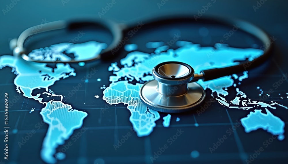 Aufkleber stethoscope rests digital world map data visualization global healthcare tech advancements. concept 