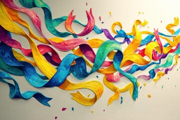 Obraz premium Colorful abstract ribbons flow across a wall in a dynamic artistic display.