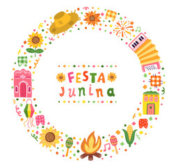 Festa Junina vector circle frame, border with accordion, sunflower, straw hat and festive Brazilian illustrations