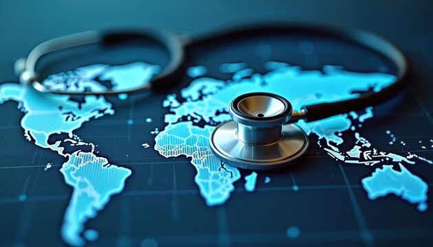 Stethoscope rests digital world map data visualization global healthcare tech advancements. Concept of worldwide medicine monitoring. Represents innovations diagnostic, preventative, modern medicine.