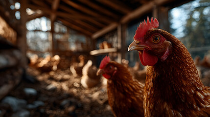 Closeup of a Brown Hen in a Rustic Coop