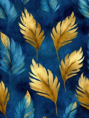 Obraz premium Elegant gold and blue leaf pattern on a dark background.