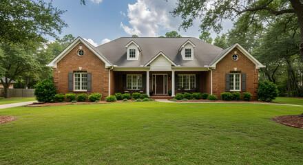 "Classic Suburban Charm: Brick Home with Gable Roof and Lush Green Lawn on a Sunny Day"