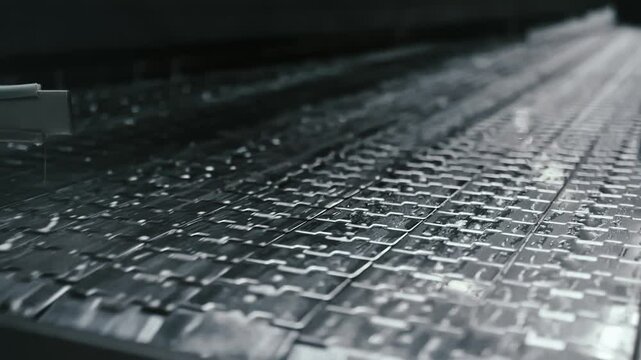 Metallic surface with grid pattern receiving scattered water drops, creating dynamic light reflections within precision industrial manufacturing environment