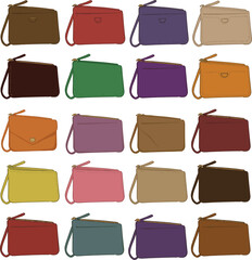 Vector illustration of colorful leather key pouches and small zippered bags in various vibrant hues, ideal for accessory, organization, and lifestyle branding.
