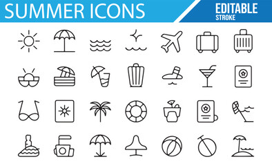 Summer Travel Icons Featuring Suitcase, Sun, and Poolside Essentials