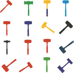 Vector illustration of colorful mallets and hammers in various angles and forms, ideal for representing carpentry, construction, legal, and auction concepts, isolated on white.