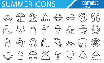 Simple Summer Icons Set for Holiday and Travel Projects