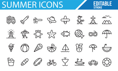 Collection of Editable Summer-Themed Icons for Travel and Leisure Design