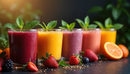 Array colorful smoothies in glass. Fresh healthy fruit berry cocktails with mint leaves. Various flavors strawberry, mango, orange. Refreshing summer drinks with vitamins, great for healthy lifestyle.