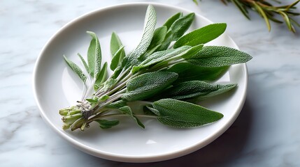 Fresh Sage Leaves on a White Plate
