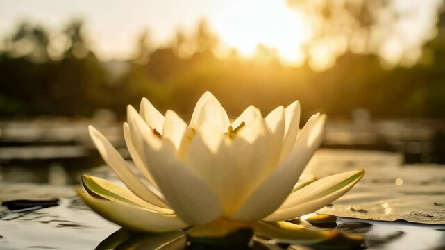 Elegant creamy white lotus flower resting on calm water with reflected sunlight in a serene outdoor setting.