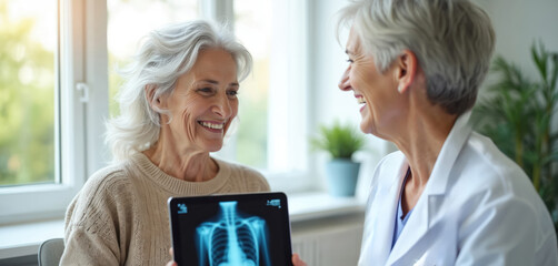 Obraz premium Doctor shows X-ray results to mature woman. Medical pro, senior patient conversation. Smiling female, doc during clinic appointment, checkup. Healthcare, medicine, support, discussion, happy people