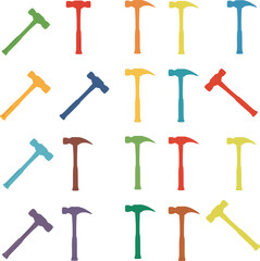 Vector illustration featuring a diverse collection of hammer and sledgehammer silhouettes, ideal for construction, carpentry, repair, and general toolkit designs, isolated on white.