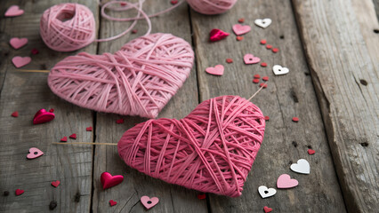 Fototapeta premium Pink yarn hearts and confetti hearts on a rustic wooden surface for valentines day