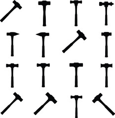 Vector illustration featuring a diverse collection of hammer and sledgehammer silhouettes, ideal for construction, carpentry, repair, and general toolkit designs, isolated on white.