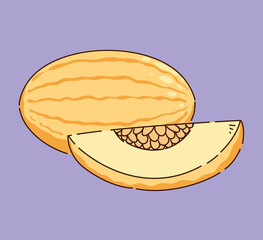A fresh melon and a slice displayed on a vibrant purple background that stands out