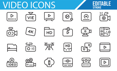 Editable Stroke Set of Video Icons for Media and Film Design