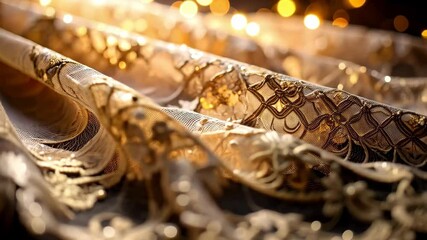 Close-up shot of elegant gold embroidered lace fabric, decorative textiles and soft bokeh lights, luxury background with a touch of class - Powered by Adobe