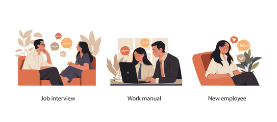 Vector illustrations showing a job interview, onboarding training with a work manual, and a new employee introduction in office setting.