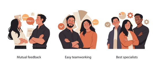 Illustration set showing mutual feedback, effective teamwork, and a group of top professionals collaborating in a business environment.