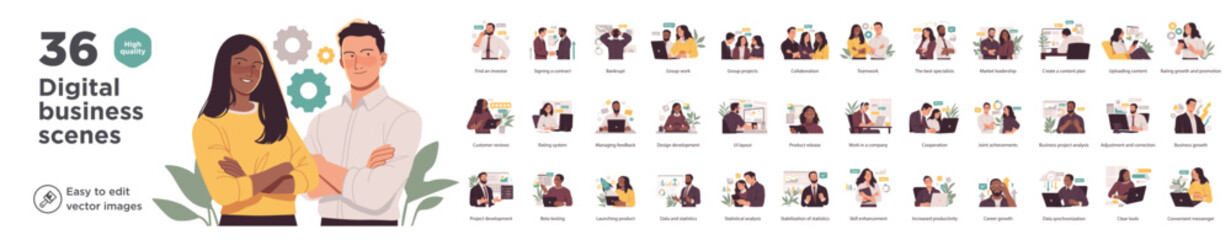 Fototapeta na wymiar Collection of 36 editable vector illustrations depicting modern business scenes, teamwork, development, and digital tools for companies.
