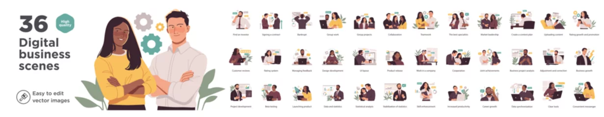 Fototapete Collection of 36 editable vector illustrations depicting modern business scenes, teamwork, development, and digital tools for companies. © stonepic
