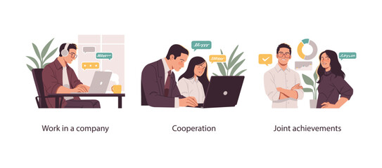 Illustration showcasing modern office work, team cooperation on laptops, and business colleagues celebrating shared professional achievements.