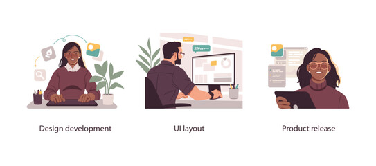 Vector illustration showing user interface design, digital product development, and final release phase in a tech or creative workflow.