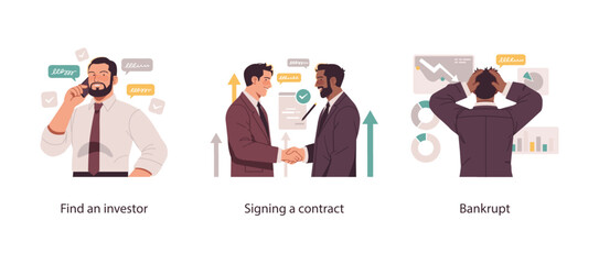 Vector illustration showing business stages: finding an investor, signing a contract, and facing financial crisis or bankruptcy with analytics.