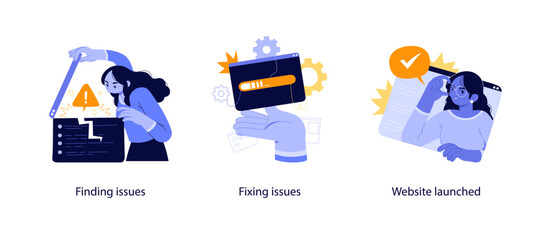 Flat illustrations showing the process of identifying coding errors, fixing software bugs, and launching a completed website project.