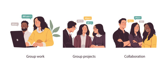 Illustration of diverse professionals working together on group projects, symbolizing effective collaboration, communication, and teamwork in business.