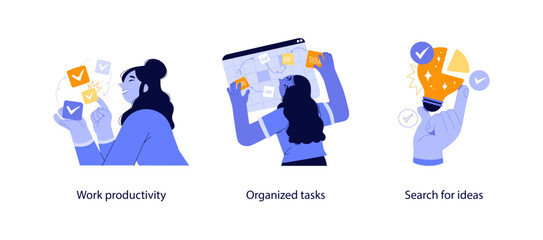 Modern flat illustrations showing productivity, task planning on digital boards, and generating innovative ideas with checkmark icons.